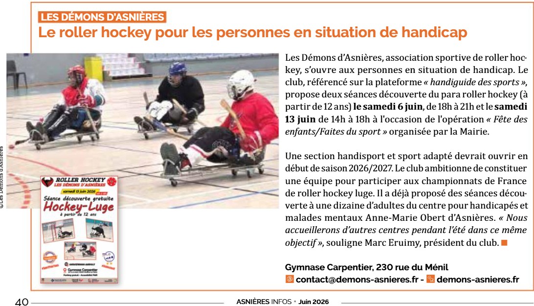 Asnières infos juin 20256 roller hockey handisport hockey luge sport adapté